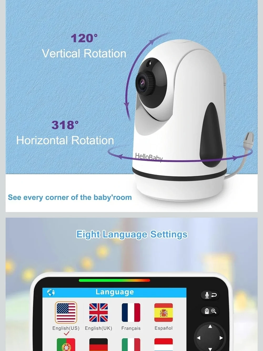 HelloBaby Baby Monitor with Dual Cameras - White